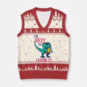 Funny Dinosaur V-Neck Knit Sweater Vest I Am Rexy And I Know It TS12 Beige Red Print Your Wear