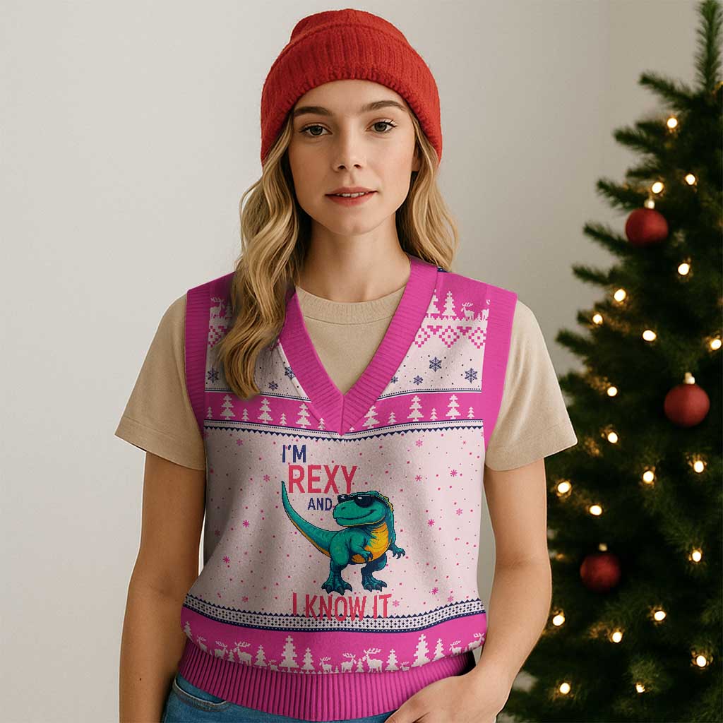 Funny Dinosaur V-Neck Knit Sweater Vest I Am Rexy And I Know It TS12 Hot Pink Print Your Wear