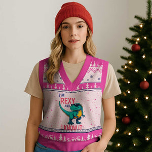 Funny Dinosaur V-Neck Knit Sweater Vest I Am Rexy And I Know It TS12 Hot Pink Print Your Wear