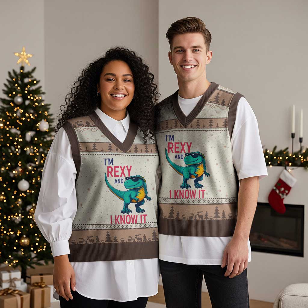Funny Dinosaur V-Neck Knit Sweater Vest I Am Rexy And I Know It TS12 Mocha Mousse Print Your Wear