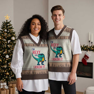 Funny Dinosaur V-Neck Knit Sweater Vest I Am Rexy And I Know It TS12 Mocha Mousse Print Your Wear