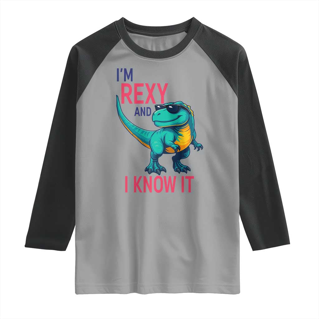 Funny Dinosaur Raglan Shirt I Am Rexy And I Know It TS12 Sport Gray Black Print Your Wear