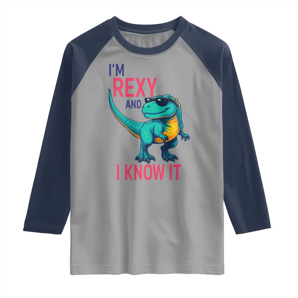 Funny Dinosaur Raglan Shirt I Am Rexy And I Know It TS12 Sport Gray Navy Print Your Wear