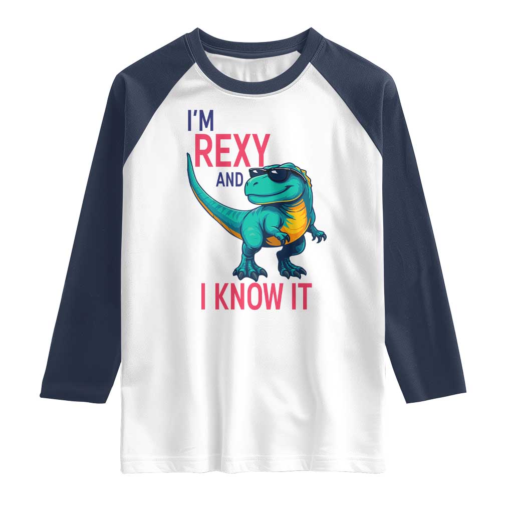 Funny Dinosaur Raglan Shirt I Am Rexy And I Know It TS12 White Navy Print Your Wear