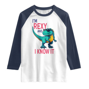 Funny Dinosaur Raglan Shirt I Am Rexy And I Know It TS12 White Navy Print Your Wear