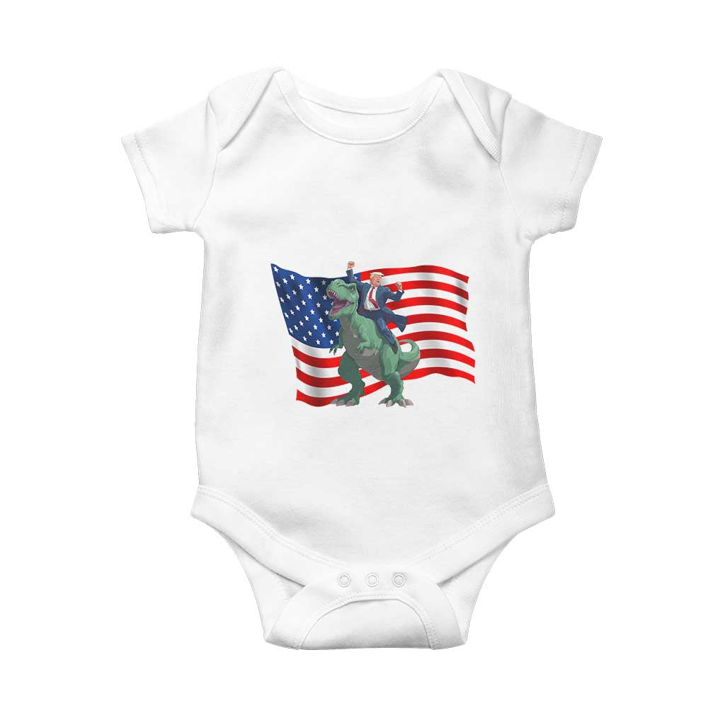 Funny Trump Riding Dinosaur Baby Onesie America Flag Patriotic TS12 White Print Your Wear