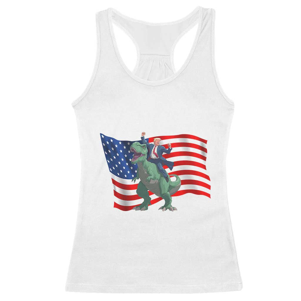 Funny Trump Riding Dinosaur Racerback Tank Top America Flag Patriotic TS12 White Print Your Wear