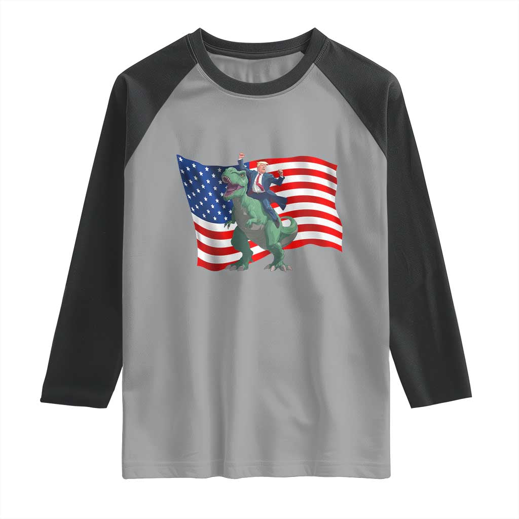 Funny Trump Riding Dinosaur Raglan Shirt America Flag Patriotic TS12 Sport Gray Black Print Your Wear