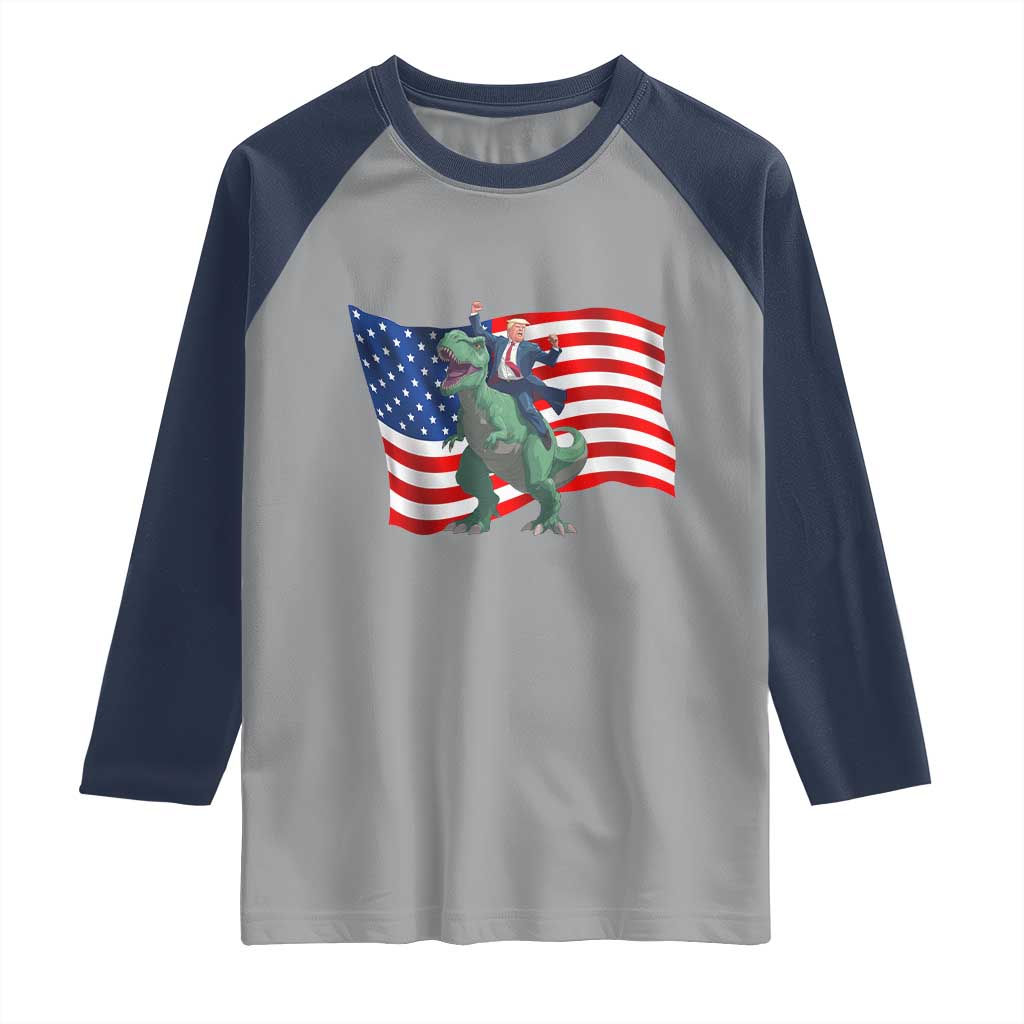 Funny Trump Riding Dinosaur Raglan Shirt America Flag Patriotic TS12 Sport Gray Navy Print Your Wear