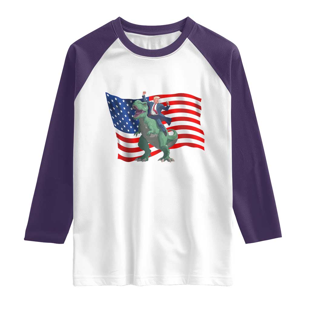 Funny Trump Riding Dinosaur Raglan Shirt America Flag Patriotic TS12 White Purple Print Your Wear