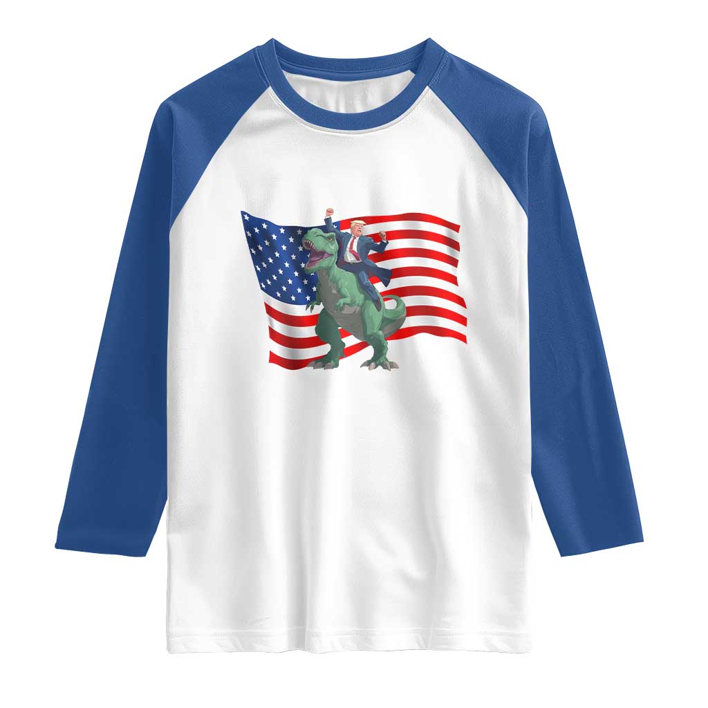 Funny Trump Riding Dinosaur Raglan Shirt America Flag Patriotic TS12 White Royal Print Your Wear