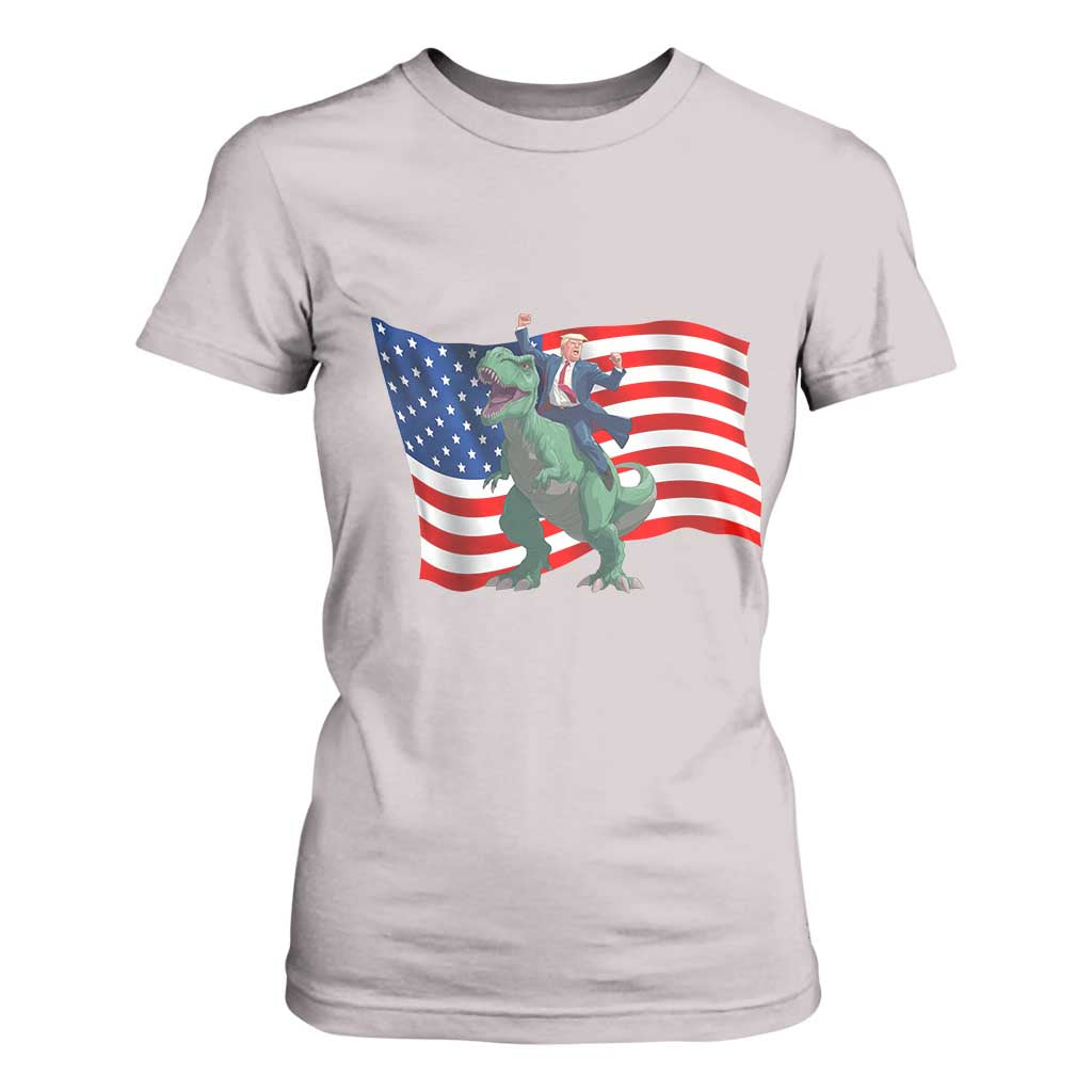 Funny Trump Riding Dinosaur T Shirt For Women America Flag Patriotic TS12 Ice Gray Print Your Wear