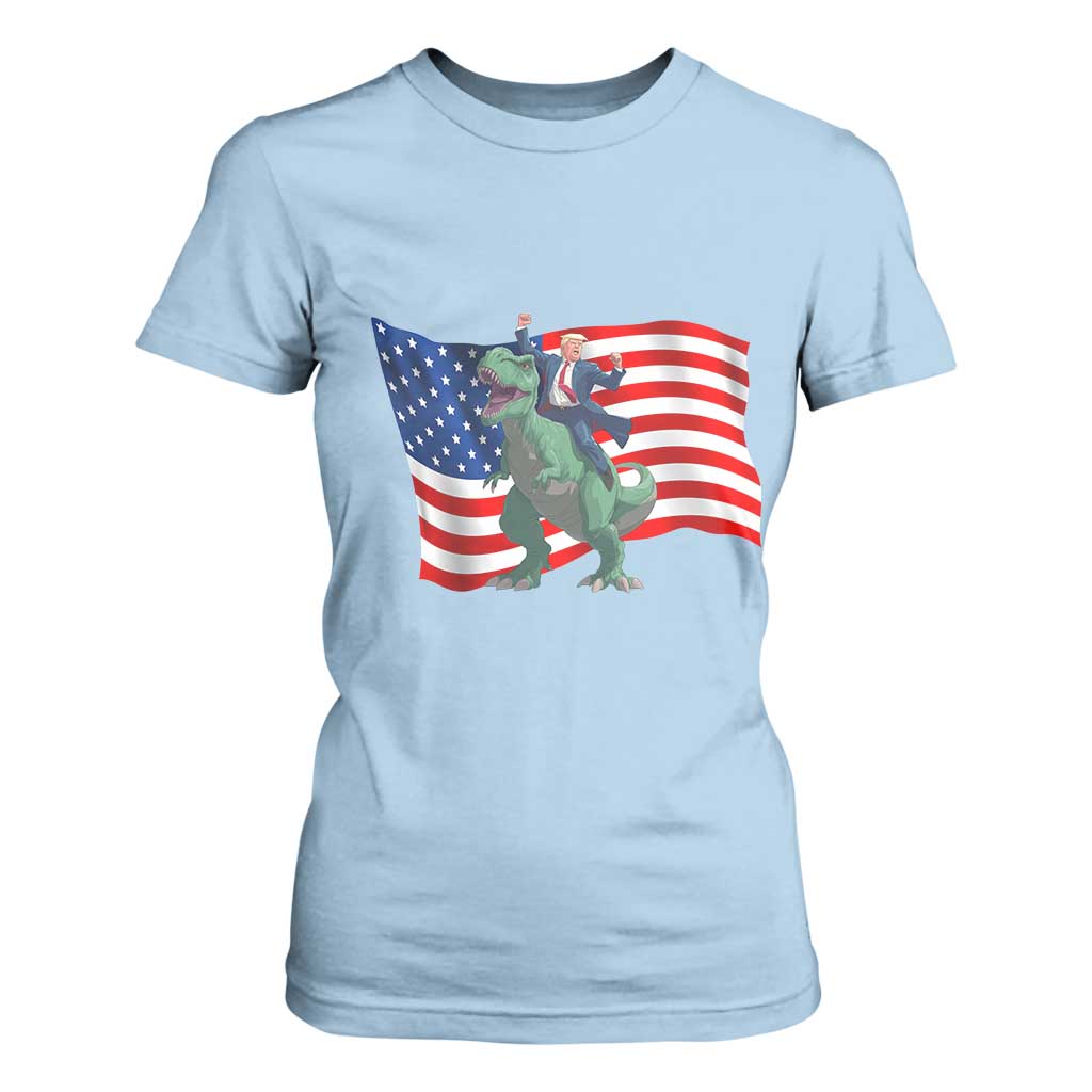 Funny Trump Riding Dinosaur T Shirt For Women America Flag Patriotic TS12 Light Blue Print Your Wear