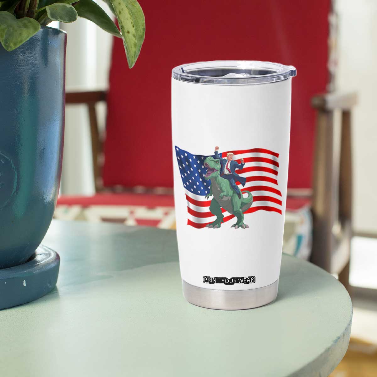 Funny Trump Riding Dinosaur Tumbler Cup America Flag Patriotic TS12 Print Your Wear