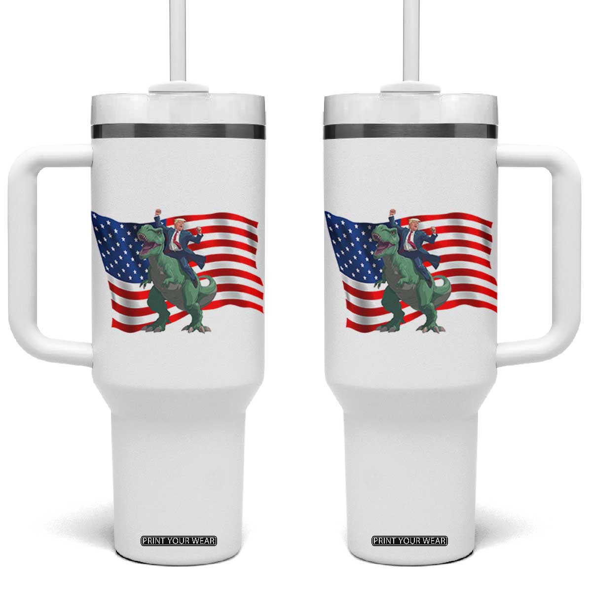 Funny Trump Riding Dinosaur Tumbler With Handle America Flag Patriotic TS12 One Size: 40 oz White Print Your Wear