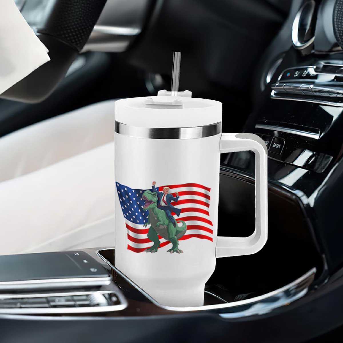Funny Trump Riding Dinosaur Tumbler With Handle America Flag Patriotic TS12 Print Your Wear
