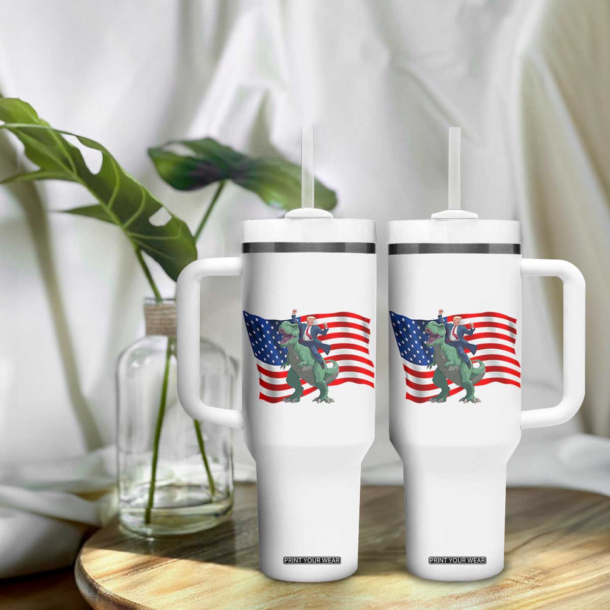 Funny Trump Riding Dinosaur Tumbler With Handle America Flag Patriotic TS12 Print Your Wear