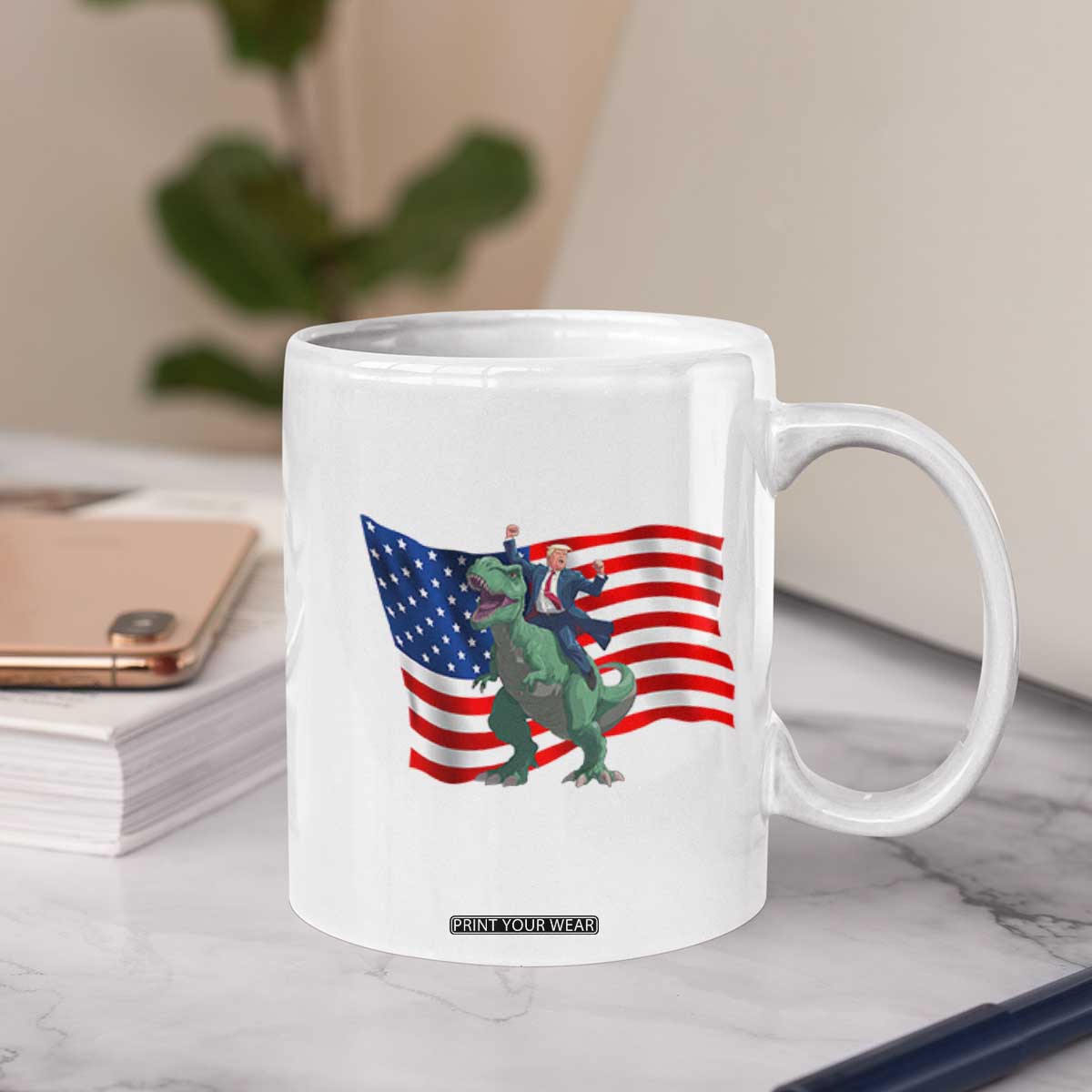 Funny Trump Riding Dinosaur Coffee Mug America Flag Patriotic TS12 Print Your Wear
