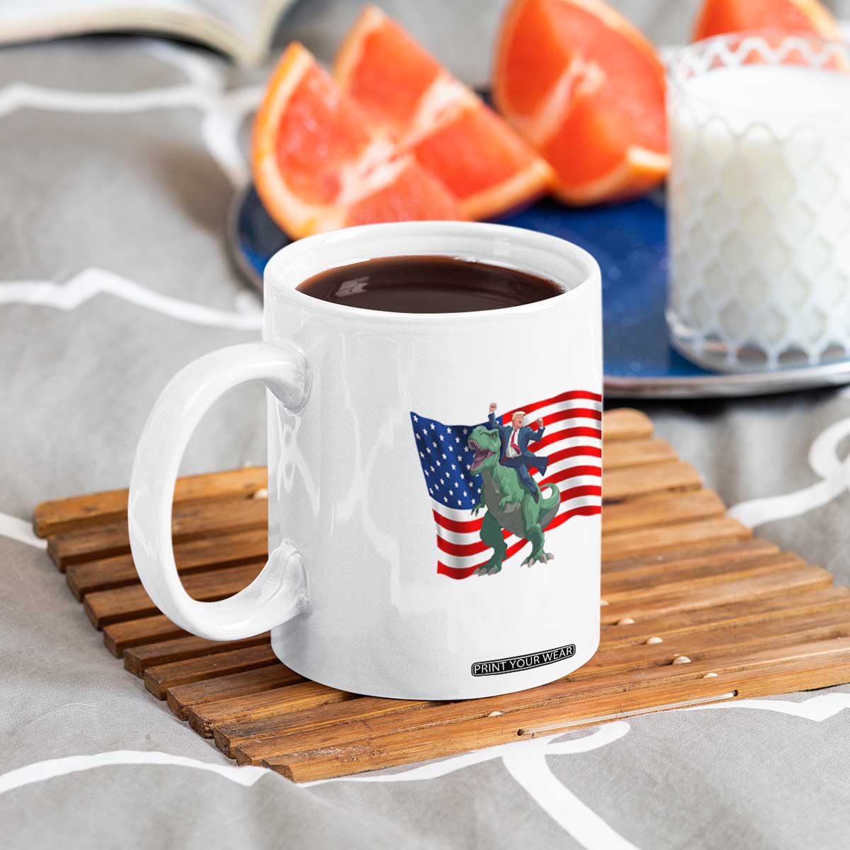 Funny Trump Riding Dinosaur Coffee Mug America Flag Patriotic TS12 Print Your Wear