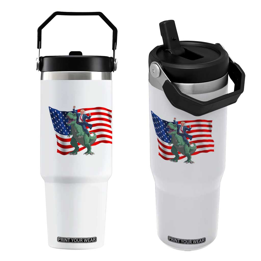 Funny Trump Riding Dinosaur Flip Straw Tumbler America Flag Patriotic TS12 One Size: 30 oz White Print Your Wear