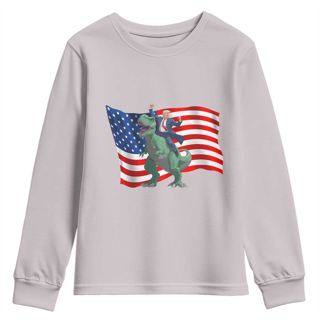Funny Trump Riding Dinosaur Youth Sweatshirt America Flag Patriotic TS12 Ice Gray Print Your Wear