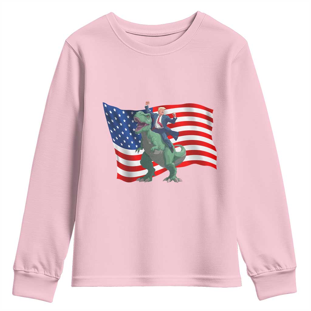 Funny Trump Riding Dinosaur Youth Sweatshirt America Flag Patriotic TS12 Light Pink Print Your Wear