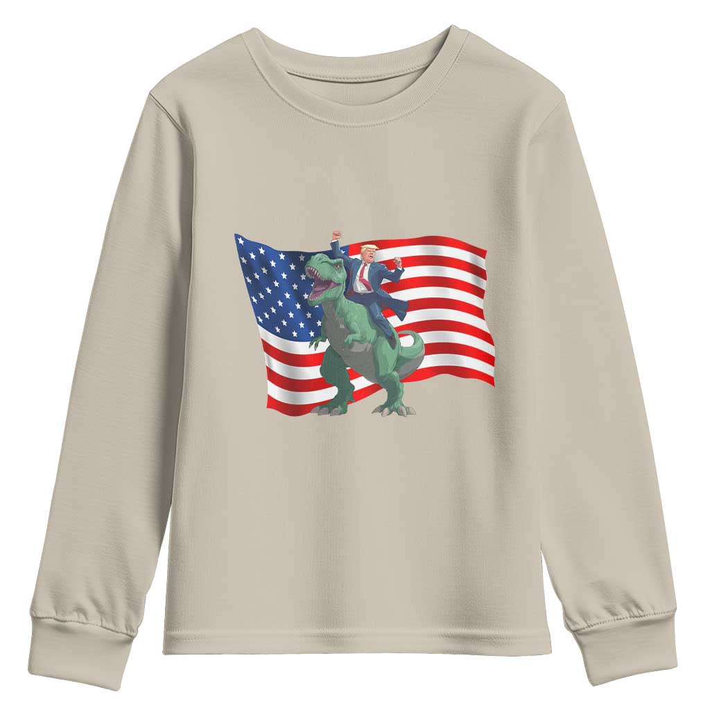 Funny Trump Riding Dinosaur Youth Sweatshirt America Flag Patriotic TS12 Sand Print Your Wear