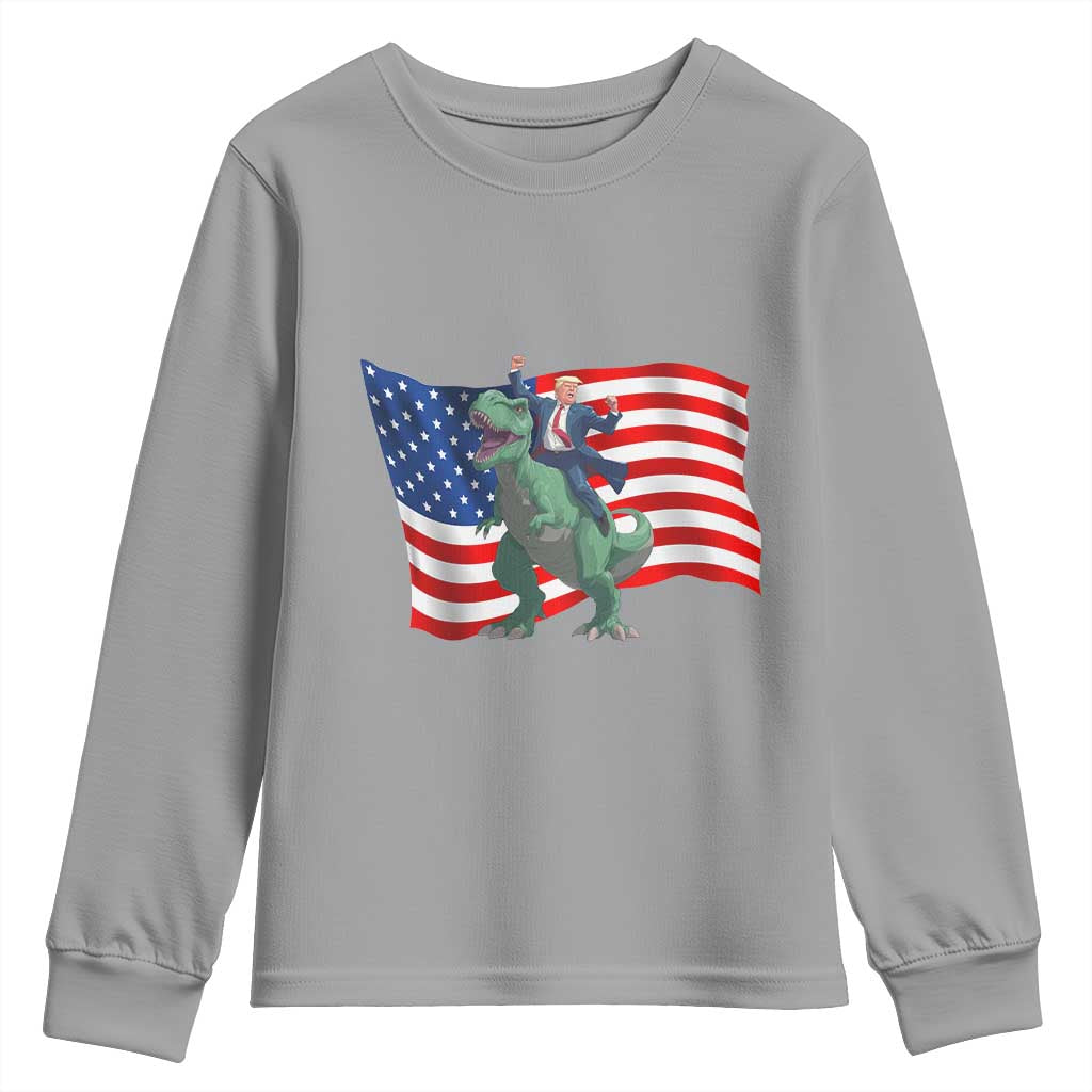Funny Trump Riding Dinosaur Youth Sweatshirt America Flag Patriotic TS12 Sport Gray Print Your Wear