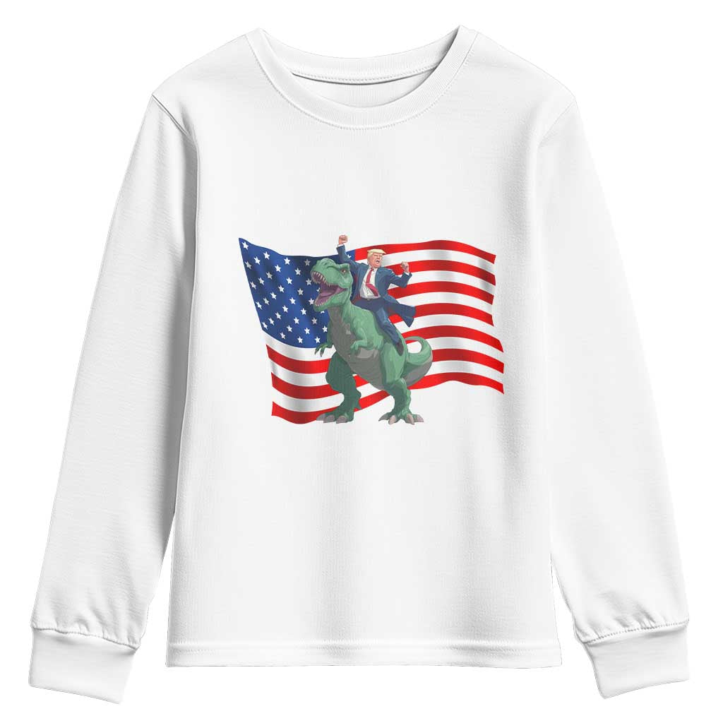 Funny Trump Riding Dinosaur Youth Sweatshirt America Flag Patriotic TS12 White Print Your Wear