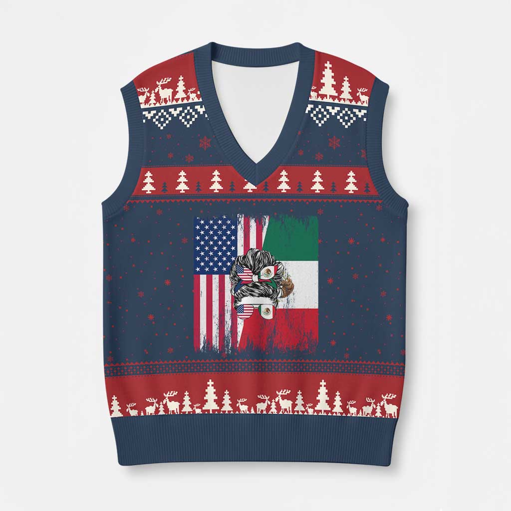 Mexican American Pride V-Neck Knit Sweater Vest Bicultural Heritage Girl Vintage Flag TS12 Navy Red Print Your Wear