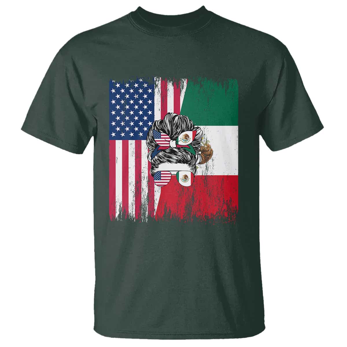 Mexican American Pride T Shirt Bicultural Heritage Girl Vintage Flag TS12 Dark Forest Green Print Your Wear
