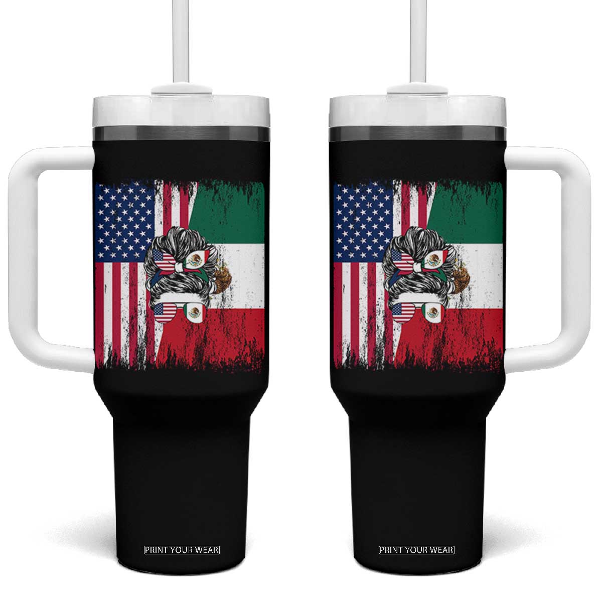 Mexican American Pride Tumbler With Handle Bicultural Heritage Girl Vintage Flag TS12 One Size: 40 oz Black Print Your Wear