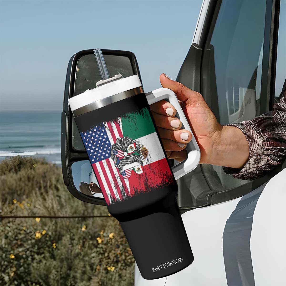 Mexican American Pride Tumbler With Handle Bicultural Heritage Girl Vintage Flag TS12 Print Your Wear