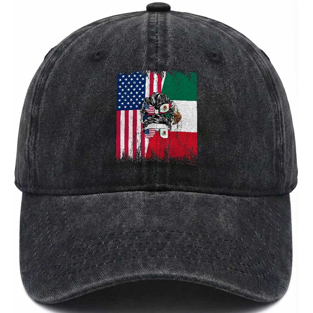 Mexican American Pride Washed Cotton Baseball Cap Bicultural Heritage Girl Vintage Flag TS12 Washed Cap Universal Fit Black Print Your Wear