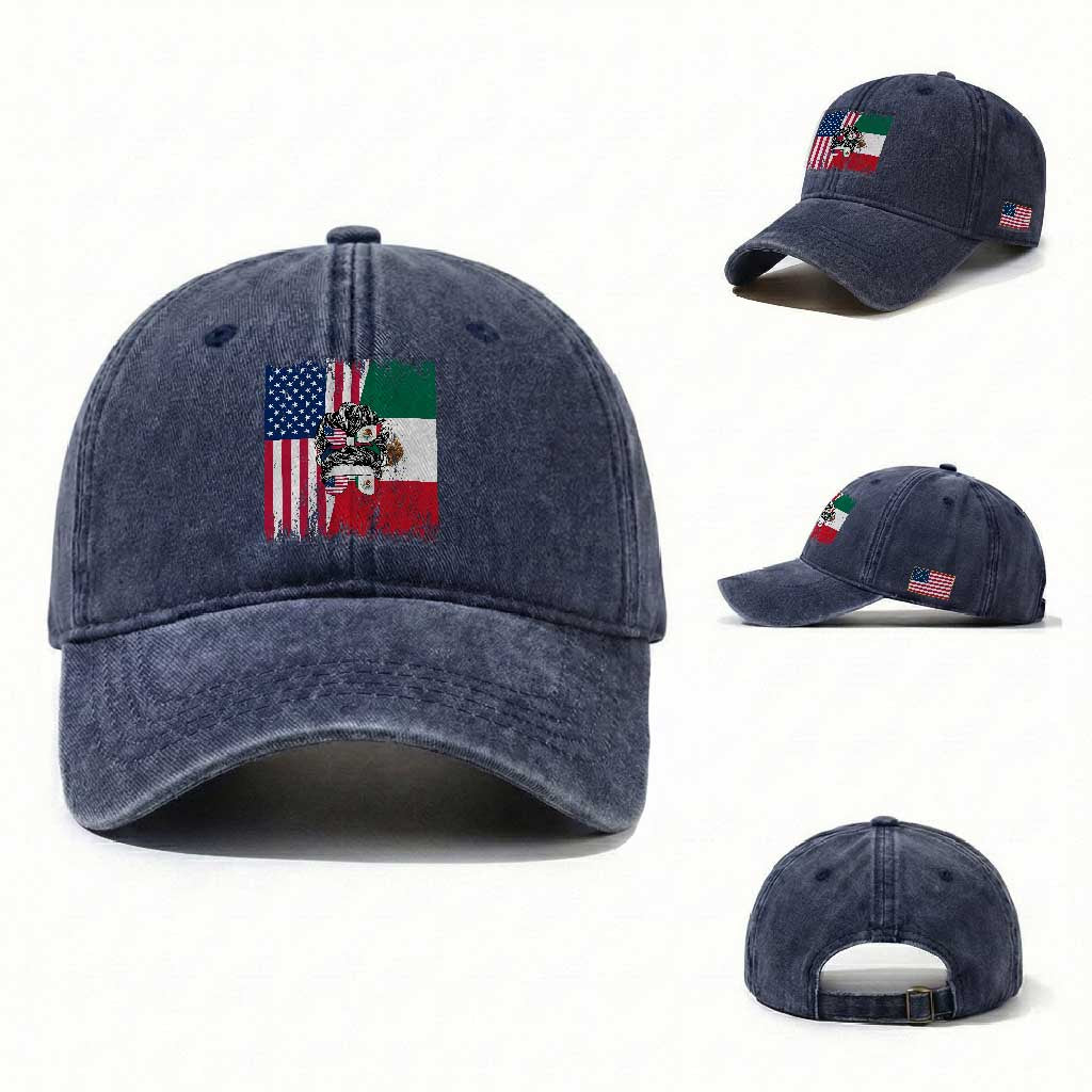 Mexican American Pride Washed Cotton Baseball Cap Bicultural Heritage Girl Vintage Flag TS12 Washed Cap Universal Fit Navy Print Your Wear
