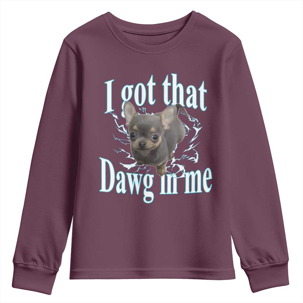 I Got That Dawg In Me Dog Meme Youth Sweatshirt Ironic Chihuahua Face TS12 Maroon Print Your Wear