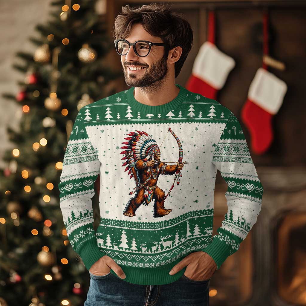 Native American Bigfoot Chief Ugly Christmas Sweater Forest Warrior Pride Graphic
