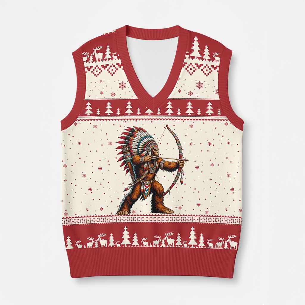 Native American Bigfoot Chief V-Neck Knit Sweater Vest Forest Warrior Pride Graphic