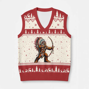 Native American Bigfoot Chief V-Neck Knit Sweater Vest Forest Warrior Pride Graphic