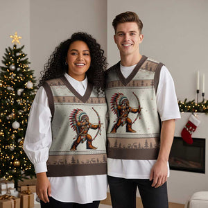 Native American Bigfoot Chief V-Neck Knit Sweater Vest Forest Warrior Pride Graphic