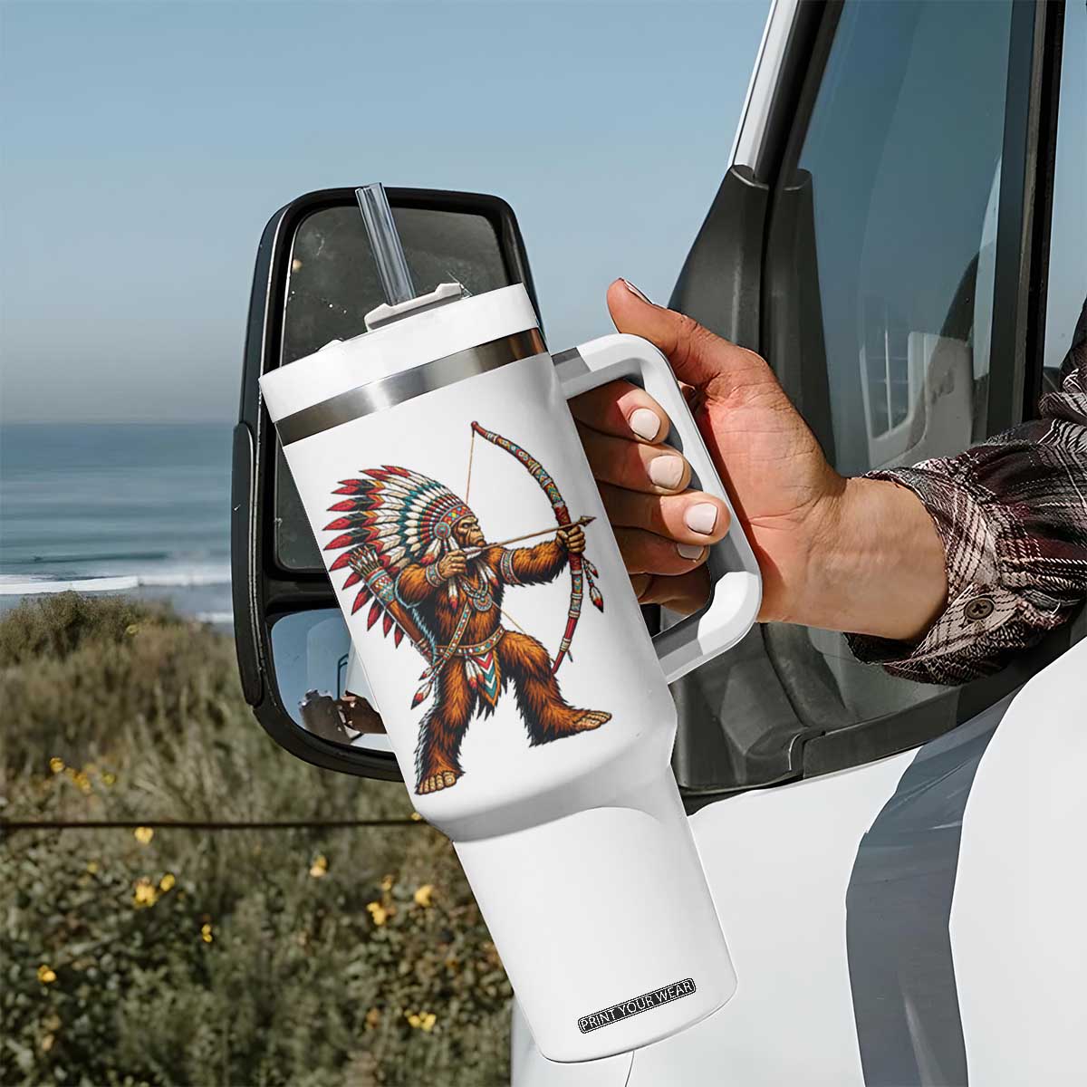 Native American Bigfoot Chief Tumbler With Handle Forest Warrior Pride Graphic