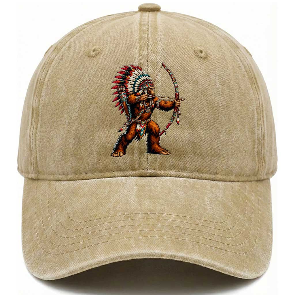 Native American Bigfoot Chief Washed Cotton Baseball Cap Forest Warrior Pride Graphic TS12 Print Your Wear