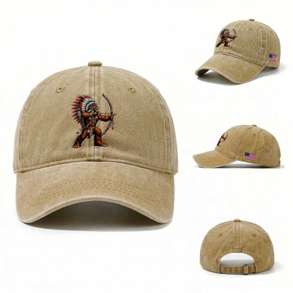 Native American Bigfoot Chief Washed Cotton Baseball Cap Forest Warrior Pride Graphic TS12 Washed Cap Universal Fit Khaki Print Your Wear