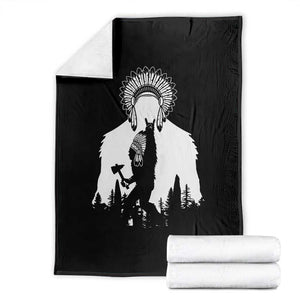 Bigfoot Native American Chief Throw Blanket Hunting Spear Warrior Graphic