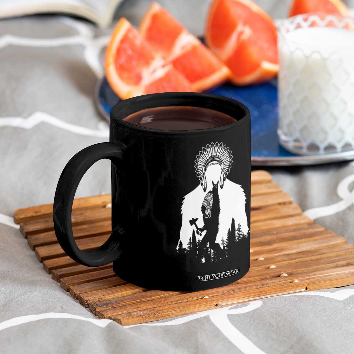 Bigfoot Native American Chief Coffee Mug Hunting Spear Warrior Graphic