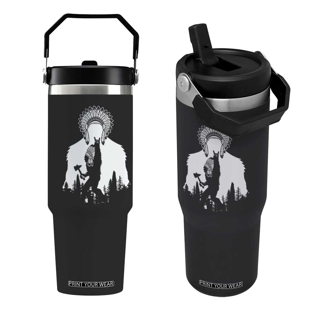 Bigfoot Native American Chief Flip Straw Tumbler Hunting Spear Warrior Graphic