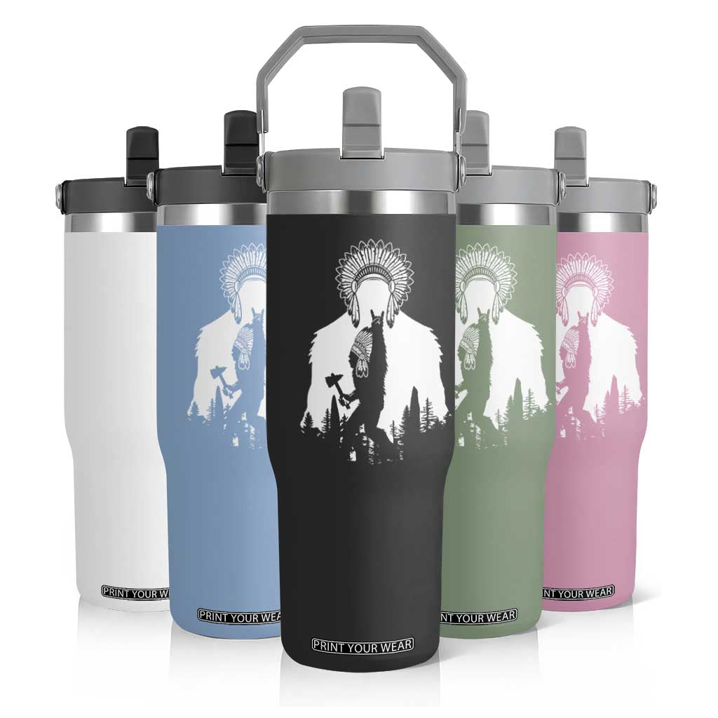 Bigfoot Native American Chief Flip Straw Tumbler Hunting Spear Warrior Graphic