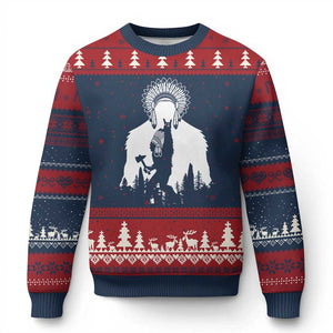 Bigfoot Native American Chief Ugly Christmas Sweater Hunting Spear Warrior Graphic