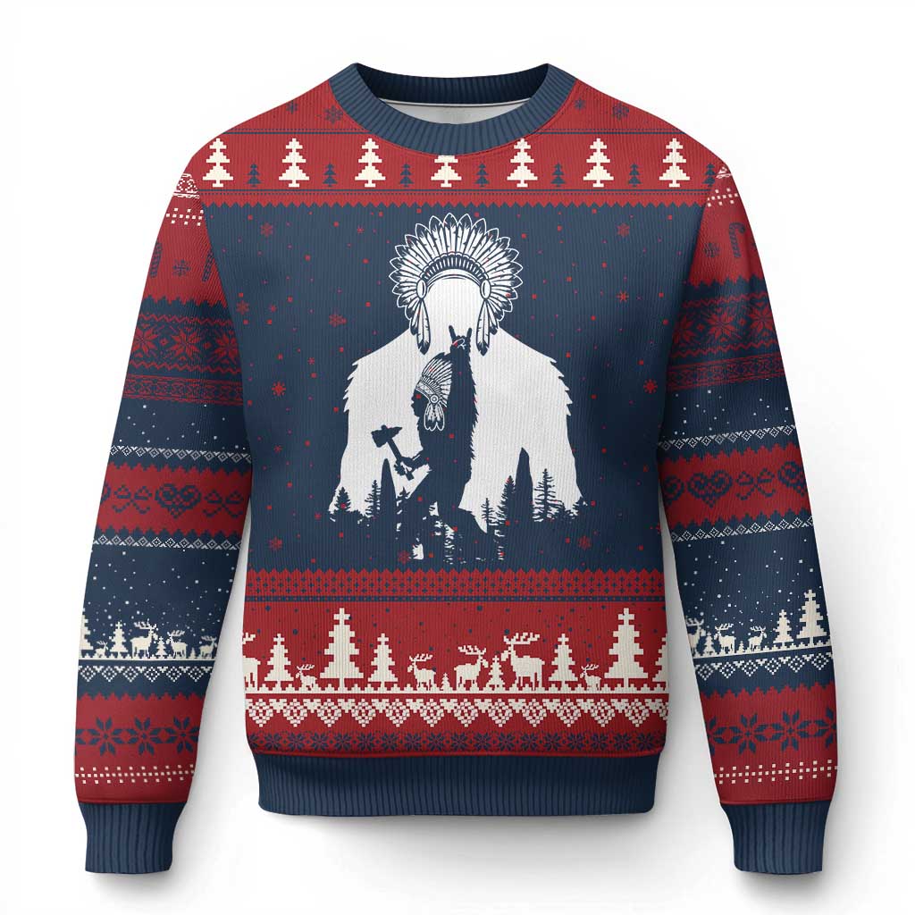 Bigfoot Native American Chief Ugly Christmas Sweater Hunting Spear Warrior Graphic TS12 Navy Red Print Your Wear