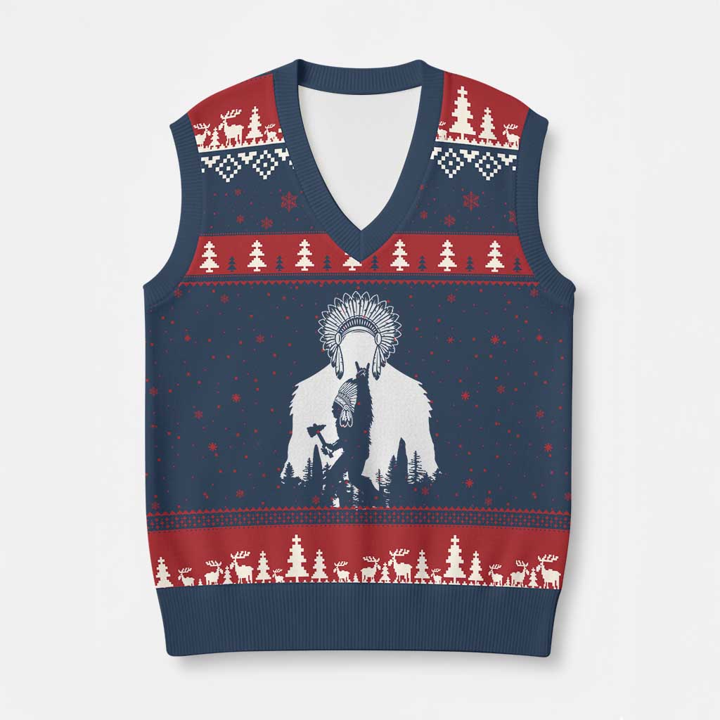 Bigfoot Native American Chief V-Neck Knit Sweater Vest Hunting Spear Warrior Graphic